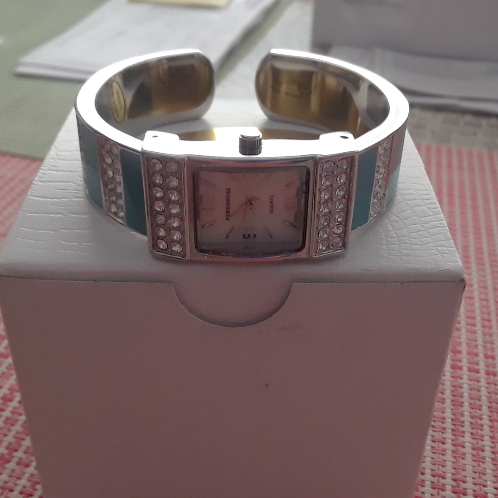 Perennial Quartz w/Rhinestone and Turquoise Cuff Watch